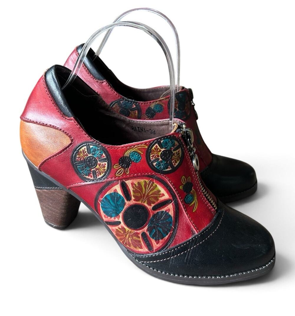 L’Artiste Spring Step Raina Booties 38 7.5 8 Red Floral Leather Zip Heels